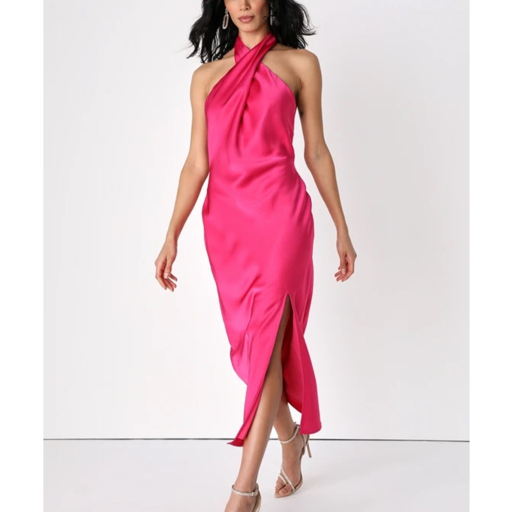 Lulu's Hot Pink Satin Halter Backless Midi Dress Used